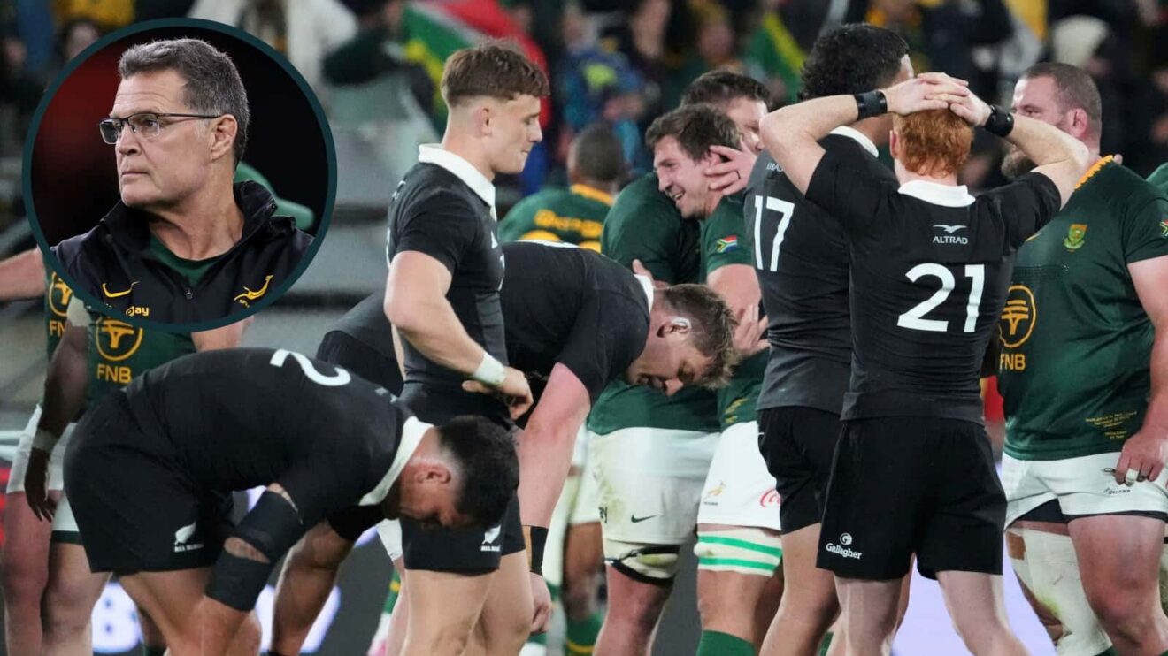All Blacks dejected after South Africa defeat and Springboks head coach Rassie Erasmus (inset).