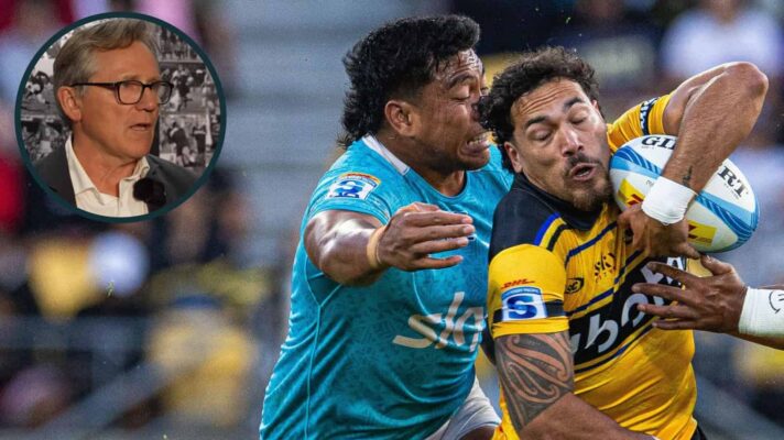 Moana Pasifika against the Hurricanes in 2026 Super Rugby Pacific and NZ Rugby chair David Kirk (inset).