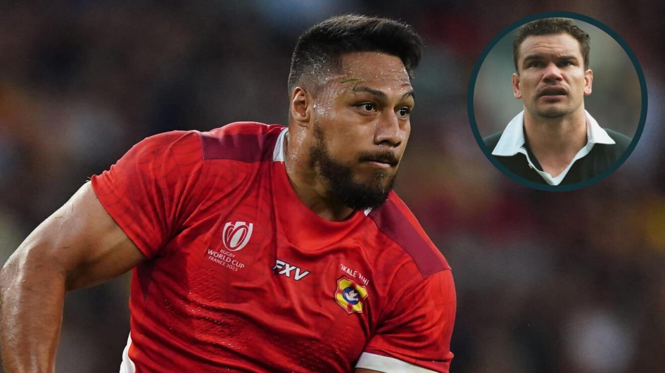 Ex-All Blacks now Tonga centre George Moala and an inset of legendary flanker Michael Jones.