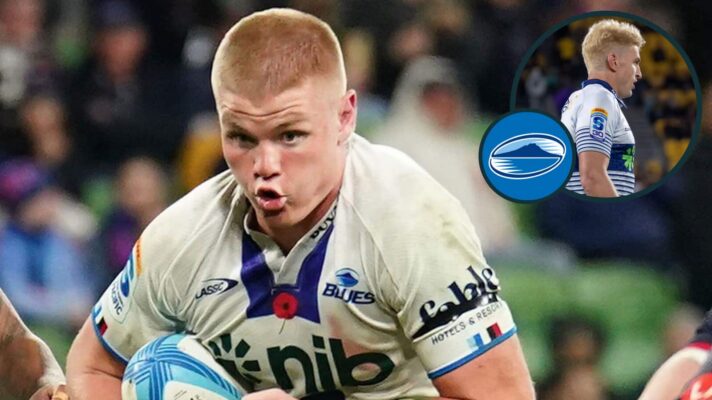 Anton Segner and Beauden Barrett (inset) in action for the Blues in Super Rugby Pacific.