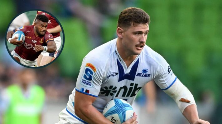 Blues back-rower Dalton Papali'i and an inset of Highlanders' back Timoci Tavatavanawai.