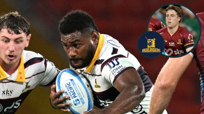 Timoci Tavatavanawai and Adam Lennox in action for the Highlanders against the Blues (inset).