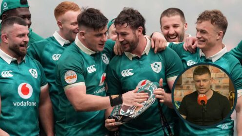 Dan Sheehan holding Triple Crown trophy alongside Ireland team-mates, and former captain Brian O'Driscoll (inset).