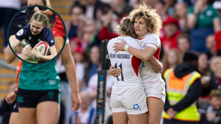 A two layered image of Shona Campbelll and Red Roses players