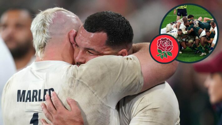 Ellis Genge and Joe Marler embrace after the 2023 Rugby World Cup defeat to South Africa and an inset of a scrum between the Springboks and England.