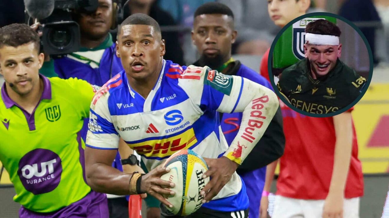 Stormers' Damian Willemse and Connacht's John Devine.