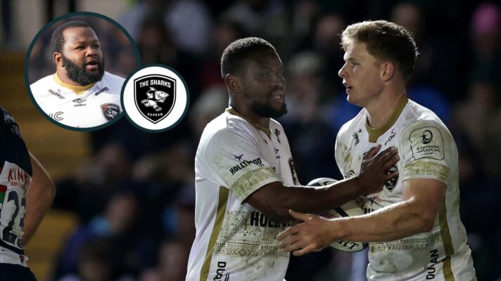 Sharks backs Ethan Hooker (INPHO/Laszlo Geczo/EPCR) and Siya Masuku with an inset of Ox Nche (INPHO/Dave Winter/EPCR).