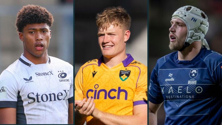 A three panel image of Noah Caluori (left), Fin Smith (centre) and Fitz Harding (right) for PREM Rugby Round 13 Team of the Week.