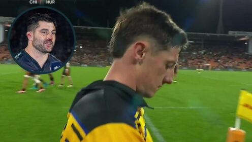 Hurricanes' scrum-half Cam Roigard and an inset of Chiefs flanker Luke Jacobson