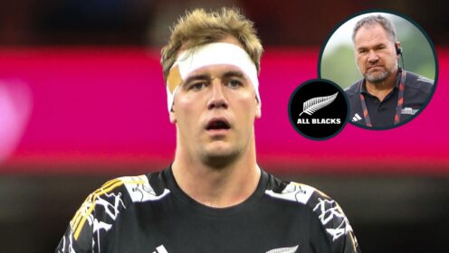 All Blacks lock Sam Darry and an inset of Dave Rennie.