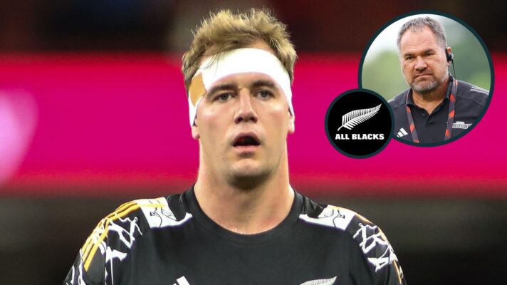 All Blacks lock Sam Darry and an inset of Dave Rennie.