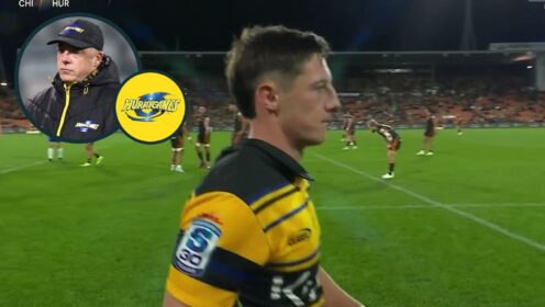 Hurricanes scrum-half Cam Roigard and an inset of head coach Clark Laidlaw.