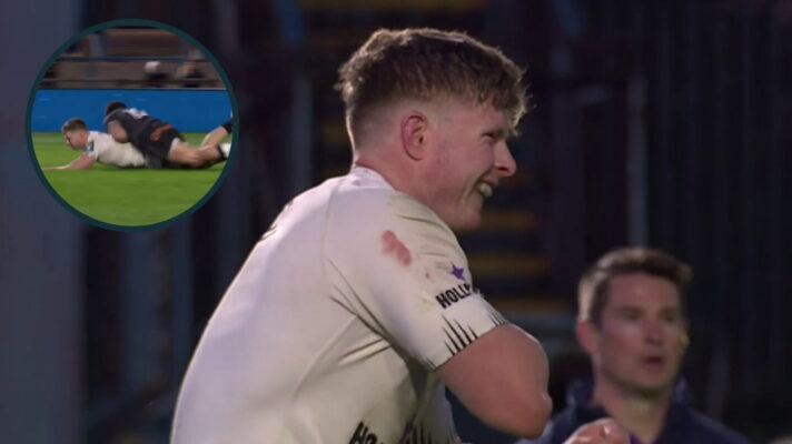 Sharks back Ethan Hooker clutching his shoulder and an inset of Ospreys' Luke Morgan's actions that caused the injury.
