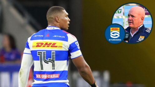 Stormers back Damian Willemse and an inset of John Dobson.