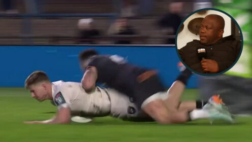 Luke Morgan diving on Ethan Hooker and an inset of ex-Springboks hooker Hanyani Shimange.