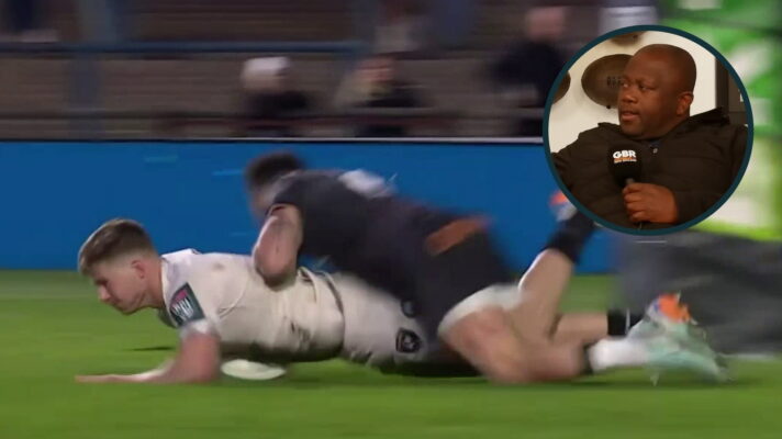 Luke Morgan diving on Ethan Hooker and an inset of ex-Springboks hooker Hanyani Shimange.