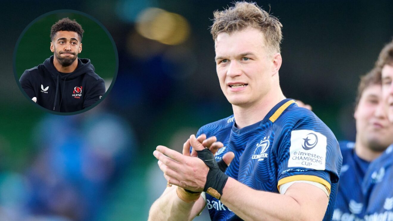 A two layered image of Josh van der Flier (right) and Rob Baloucoune (left