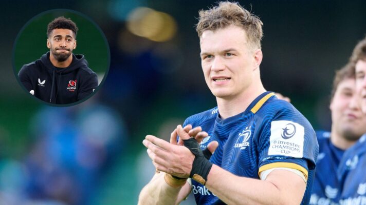 A two layered image of Josh van der Flier (right) and Rob Baloucoune (left