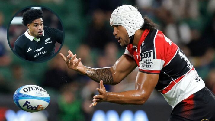 Leicester Fainga'anuku in action for the Crusaders and All Blacks (inset).