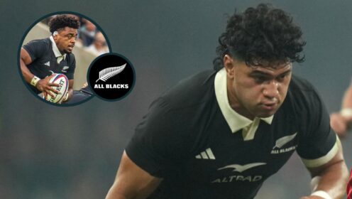 Wallace Sititi and Peter Lakai (inset) in action for the All Blacks in 2025.