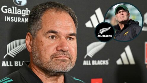 New All Blacks boss Dave Rennie and current Springboks head coach Rassie Erasmus (inset).