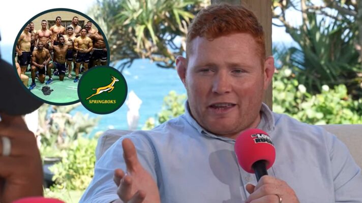 Steven Kitshoff and an inset of Springboks squad before the 2019 Rugby World Cup.