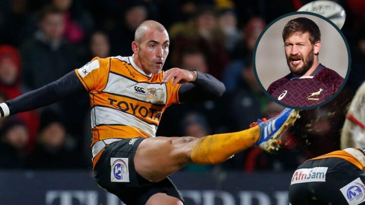 Cheetahs scrum-half Ruan Pienaar kicks during the Pro 14 Rugby clash against Ulster and an inset of current director of rugby Frans Steyn.