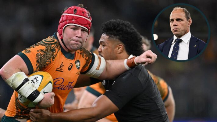 Wallabies taking on the All Blacks and Rugby Australia CEO Phil Waugh (inset).