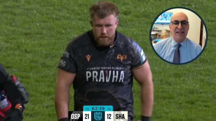 Ospreys prop Garyn Phillips and an inset of Sharks owner Marco Massotti.