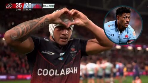 Crusaders' star Leicester Fainga'anuku and an inset of Waratahs' lock Miles Amatosero