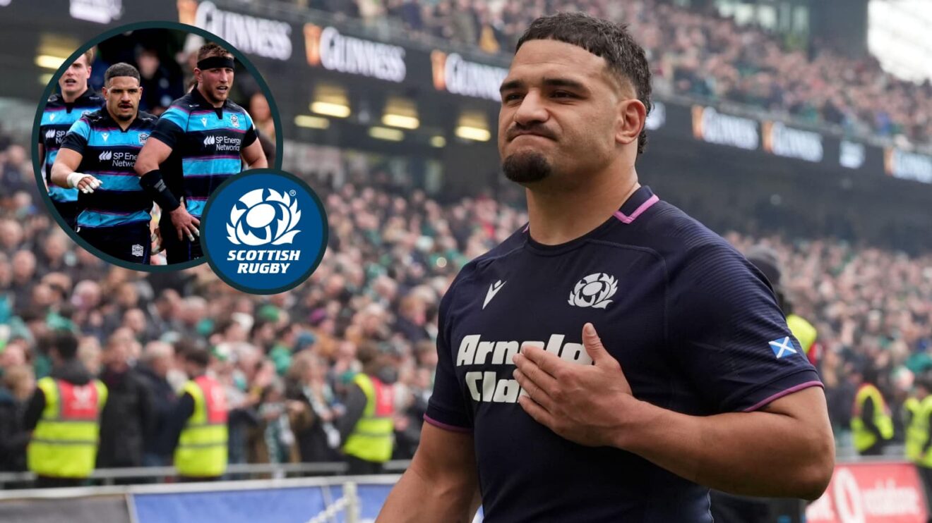 two layer image of Sione Tuipulotu with Scoland and Glasgow