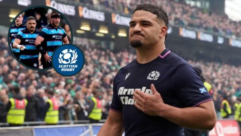two layer image of Sione Tuipulotu with Scoland and Glasgow