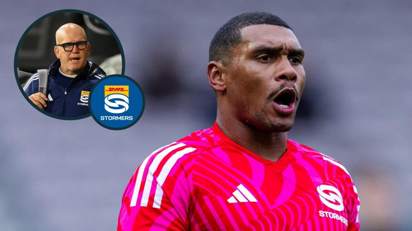 Stormers back Damian Willemse and an inset of director of rugby John Dobson.