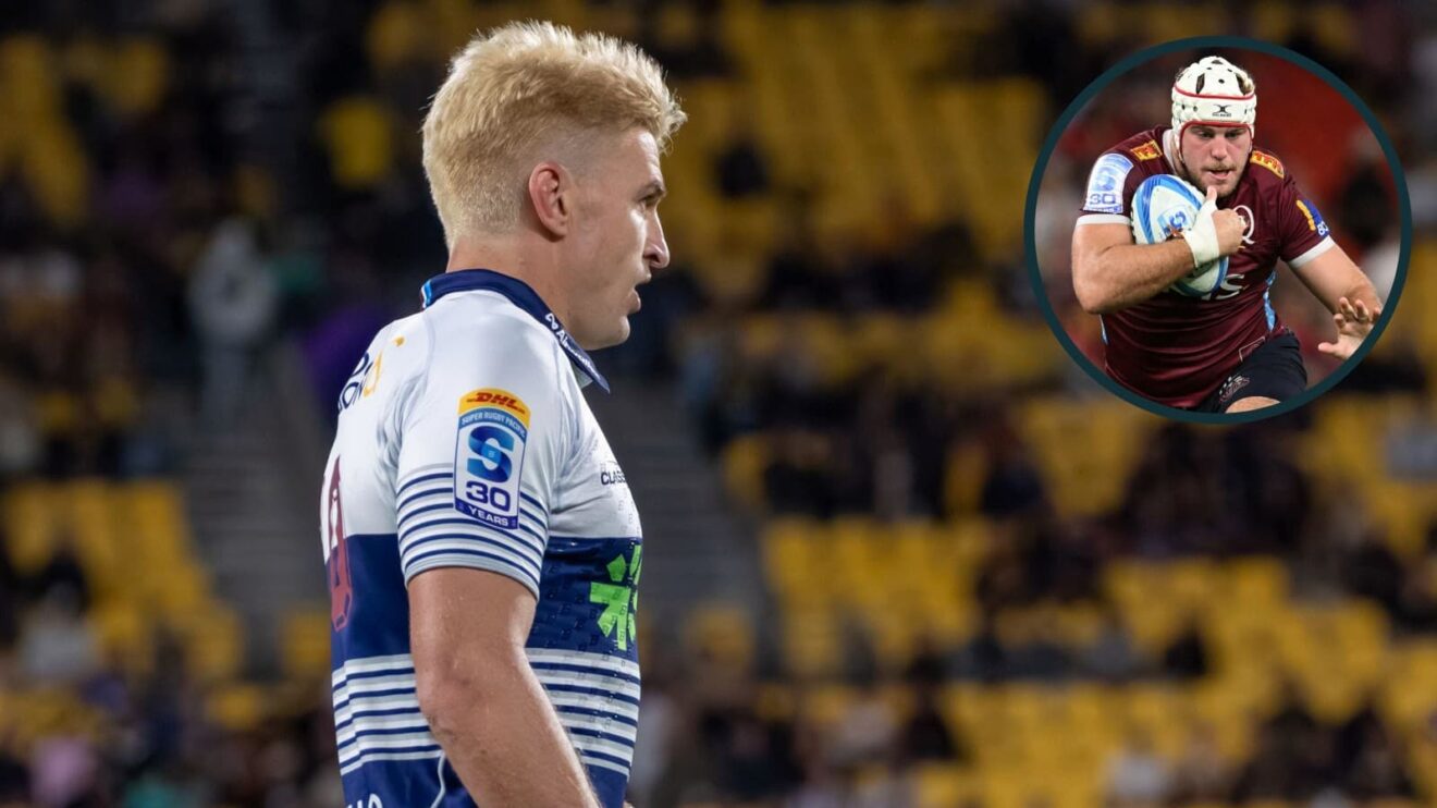 Blues fly-half Beauden Barrett and Reds flanker Fraser McReight (inset).