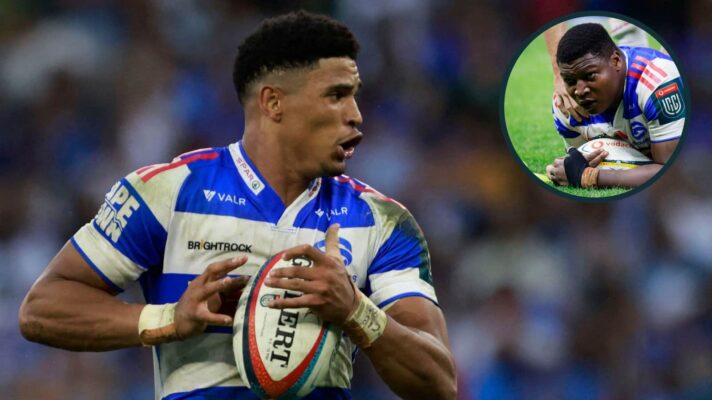 Sacha Feinberg-Mngomezulu and Ntuthuko Mchunu (inset) in action for the Stormers.