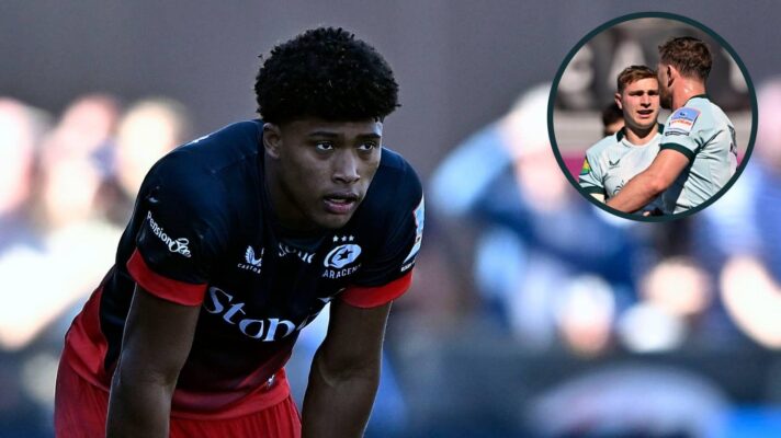 Noah Caluori during the Saracens v Leicester Tigers Gallagher Premiership match and an inset of Freddie Steward and Jack van Poortvliet.