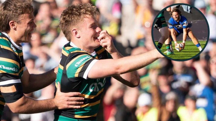 Fin Smith of Northampton Saints celevrates his try and an inset of Bath's Tom De Glanville.