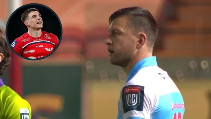 Bulls fly-half Handre Pollard and an inset of Scarlets' Joe Hawkins.