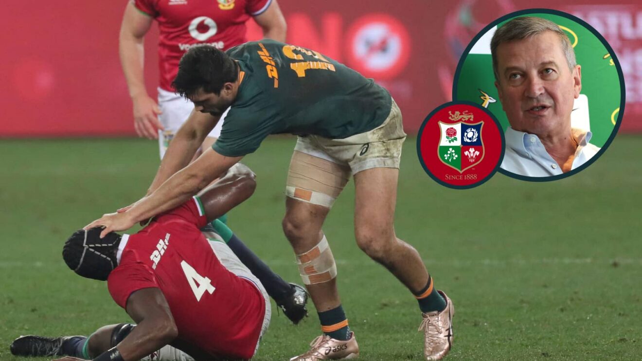 Springboks' Damian de Allende pushes British and Irish Lions' Maro Itoje and an inset of SA Rugby CEO Rian Oberholzer.