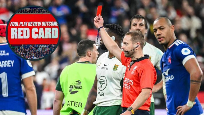 Angus Gardner issues a red card during France v South Africa and an inset of a TMO Bunker review.