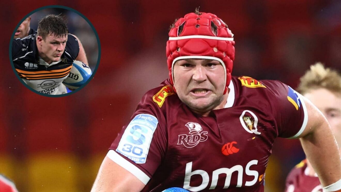 Queenslands Reds back-rower Harry Wilson and an inset of Brumbies' hooker Billy Pollard.