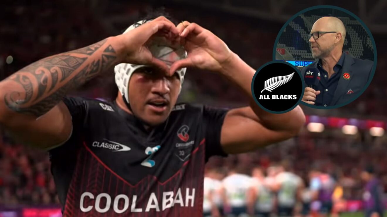 Crusaders star Leicester Fainga'anuku and an inset of All Blacks legend Jeff Wilson.