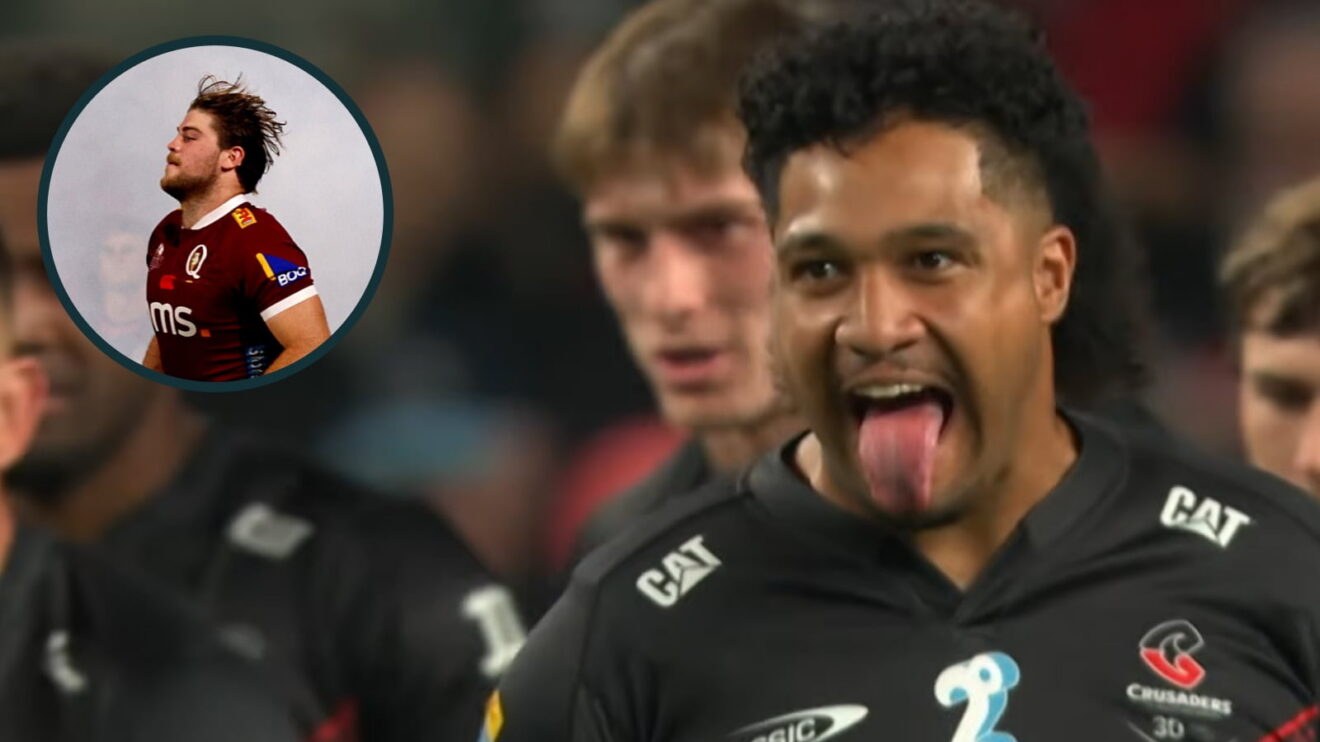 Crusaders' star Leicester Fainga'anuku and an inset of Queensland Reds forward Fraser McReight.