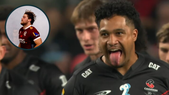 Crusaders' star Leicester Fainga'anuku and an inset of Queensland Reds forward Fraser McReight.