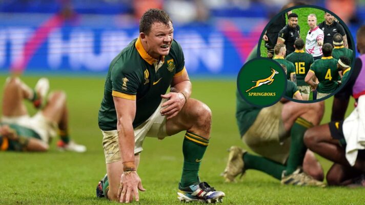 Springboks forward Deon Fourie and an inset of him, Ardie Savea and Wayne Barnes during the 2023 Rugby World Cup final.