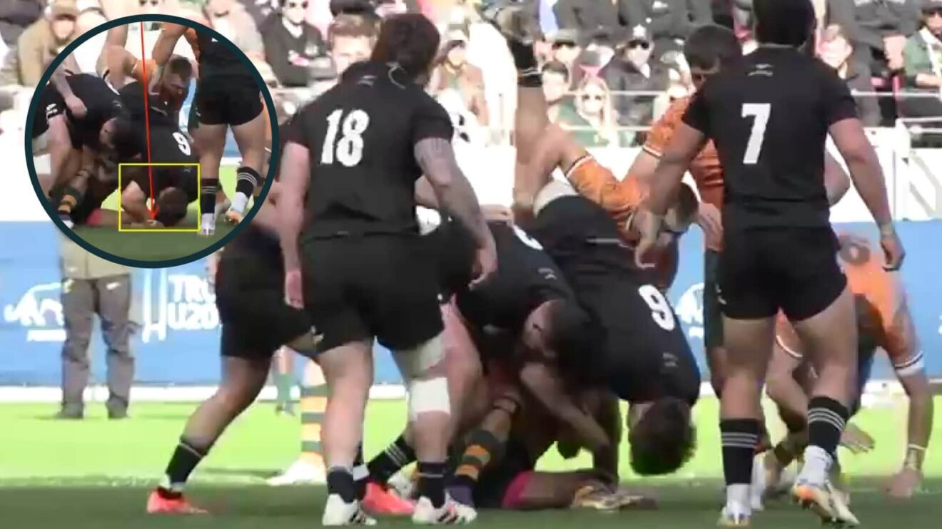 Australia's Cooper Watters illegally clears out New Zeland's Finn McLeod during the u20 Rugby Championship.