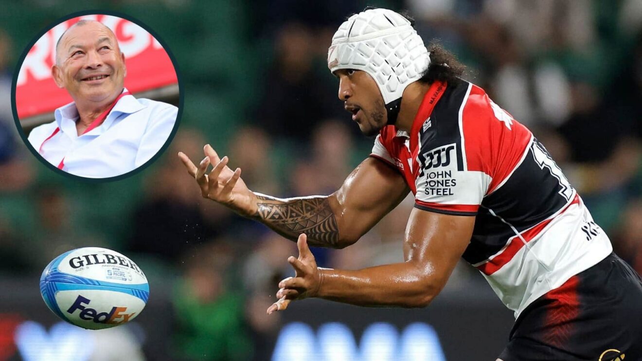 Crusaders and All Blacks star Leicester Fainga'anuku, and Japan head coach Eddie Jones (inset).