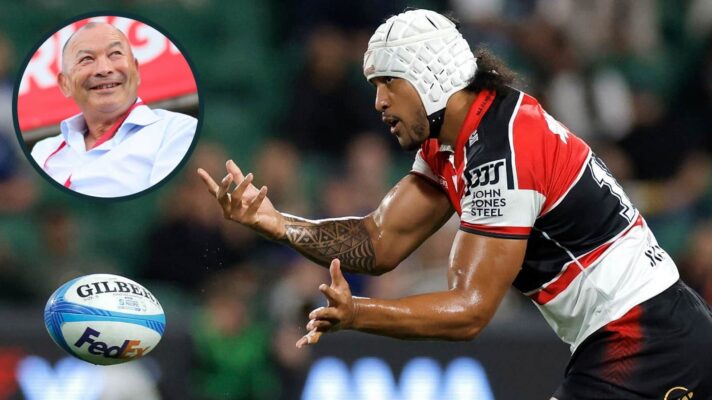 Crusaders and All Blacks star Leicester Fainga'anuku, and Japan head coach Eddie Jones (inset).