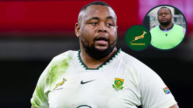Asenathi Ntlabakanye in action for the Springboks and the Lions (inset).