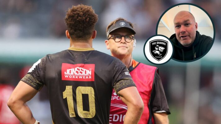 Sharks' fly-half Jordan Hendrikse (INPHO/Steve Haag Sports/Steve Haag/EPCR Rugby) and an inset of Springboks great Schalk Burger.